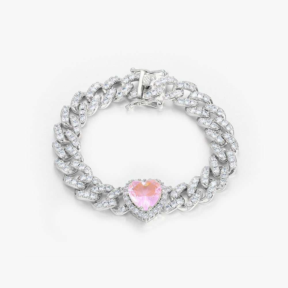 Pink Heart Cuban Link Bracelet - 10mm