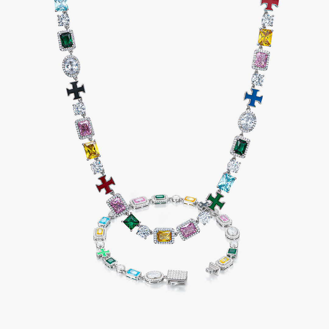 S925 Multi Gemstone Motif Chain and Bracelet Set