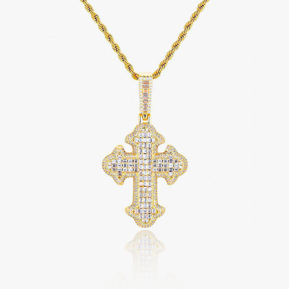 Double-Layered Baguette Gothic Cross Pendant