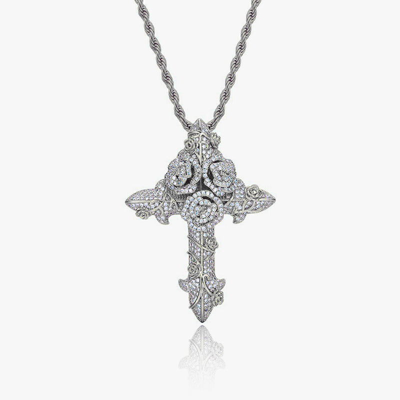 Moissanite S925 Iced Roses Cross Pendant