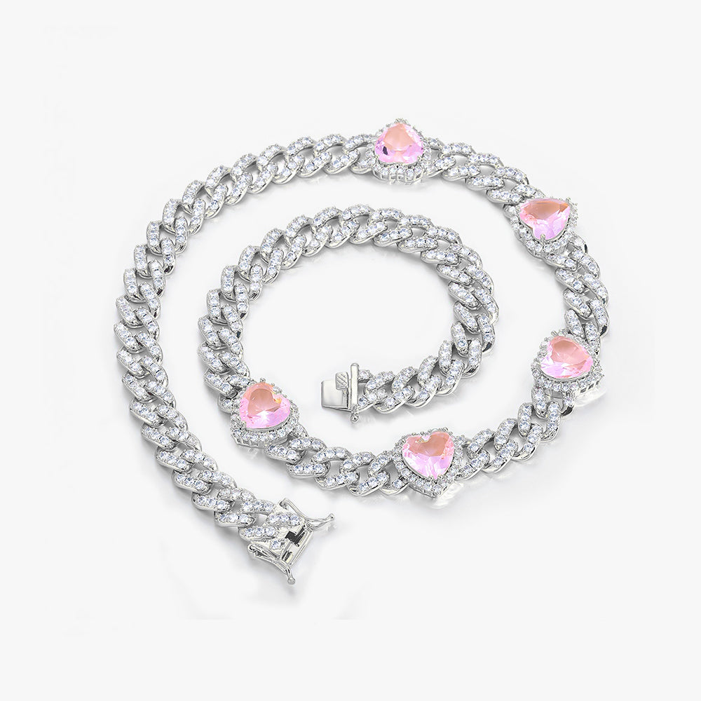 Pink Heart Cuban Link Chain - 10mm