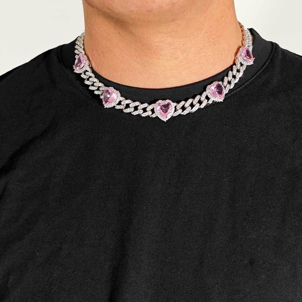 Pink Heart Cuban Link Chain - 10mm