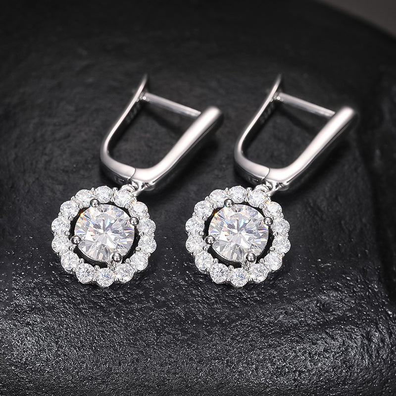 Moissanite S925 Round Halo Drop Earrings