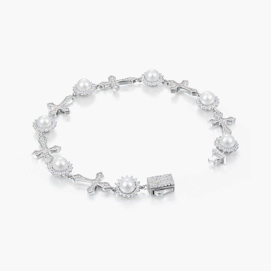 【New】Moissanite S925 Pearl Mixed Cross Bracelet